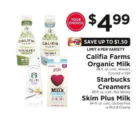 Califia Farms Organic Milk, Starbucks Creamers, Skim Plus Milk
