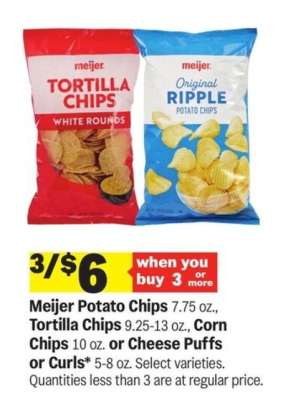 Meijer Potato Chips, Tortilla Chips, Corn Chips, Cheese Puffs or Curls