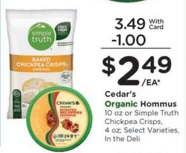 Cedar's Organic Hommus or Simple Truth Chickpea Crisps