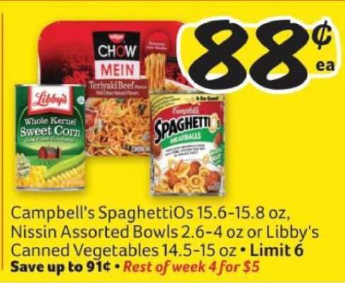 Campbell's SpaghettiOs, Nissin Assorted Bowls, or Libby's Canned Vegetables