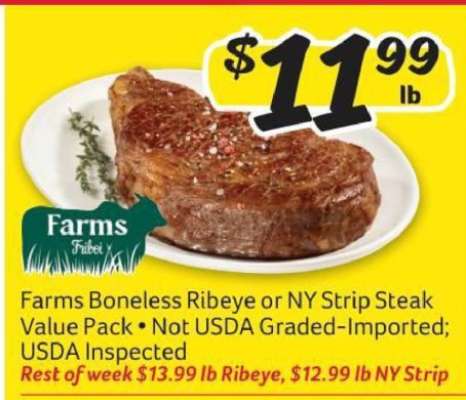 Farms Boneless Ribeye or NY Strip Steak Value Pack