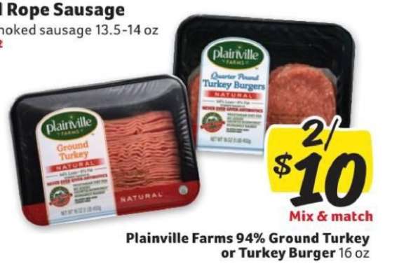 Plainville Farms 94% Ground Turkey or Turkey Burger