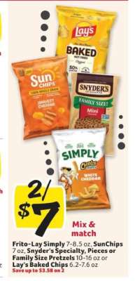 Frito-Lay Simply, SunChips, Snyder's Specialty, Pieces or Family Size Pretzels, Lay’s Baked Chips