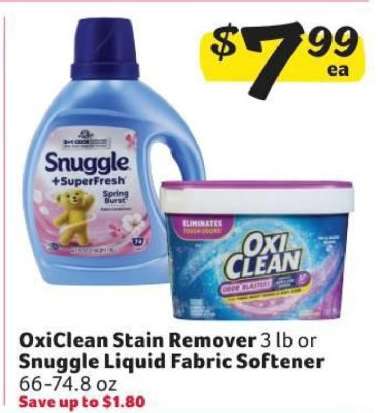 Oxiclean Stain Remover or Snuggle Liquid Fabric Softener