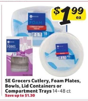 SE Grocers Cutlery, Foam Plates, Bowls, Lid Containers or Compartment Trays