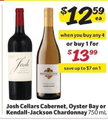 Josh Cellars Cabernet, Oyster Bay or Kendall-Jackson Chardonnay