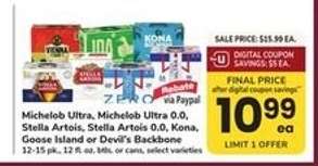 Michelob Ultra, Michelob Ultra 0.0, Stella Artois, Stella Artois 0.0, Kona, Goose Island or Devil's Backbone