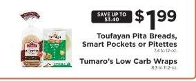 Toufayan Pita Breads, Smart Pockets or Pitettes, Tumaro’s Low Carb Wraps
