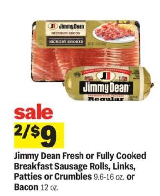 Jimmy Dean Fresh or Fully Cooked Breakfast Sausage Rolls, Links, Patties or Crumbles or Bacon