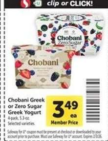 Chobani Greek or Zero Sugar Greek Yogurt