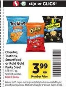 Cheetos, Tostitos, Smartfood or Rold Gold Party Size