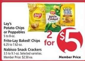 Lay's Potato Chips or Poppables, Frito-Lay Baked! Chips, Nabisco Snack Crackers