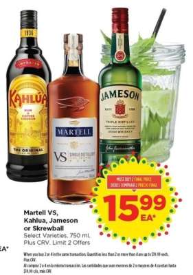 Martell VS, Kahlua, Jameson or Skrewball