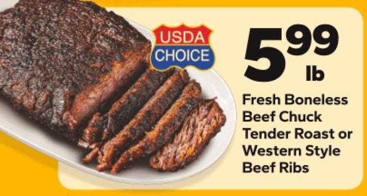 Fresh Boneless Beef Chuck Tender Roast or Western Style Beef Ribs