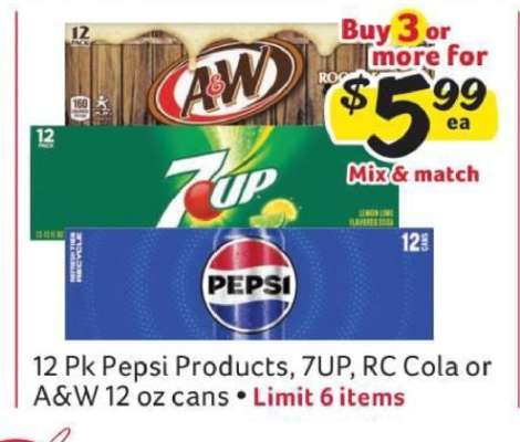 12 Pk Pepsi Products, 7UP, RC Cola or A&W 12 oz cans