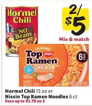 Hormel Chili or Nissin Top Ramen Noodles