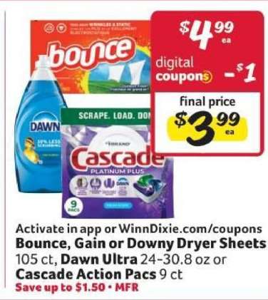 Bounce, Gain or Downy Dryer Sheets, Dawn Ultra, Cascade Action Pacs