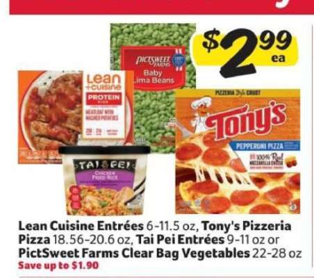 Lean Cuisine Entrées, Tony's Pizzeria Pizza, Tai Pei Entrées, PictSweet Farms Clear Bag Vegetables