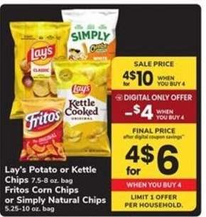 Lay's Potato or Kettle Chips, Fritos Corn Chips, Simply Natural Chips