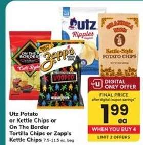 Utz Potato or Kettle Chips or On The Border Tortilla Chips or Zapp's Kettle Chips