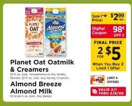 Planet Oat Oatmilk & Creamers, Almond Breeze Almond Milk