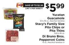 Yucatan Guacamole, Stacy’s Family Size Pita Chips or Pita Thins, Di Bruno Bros. Pepperoni Coins