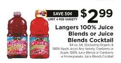 Langers 100% Juice Blends or Juice Blends Cocktail