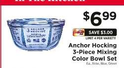 Anchor Hocking 3-Piece Mixing Color Bowl Set