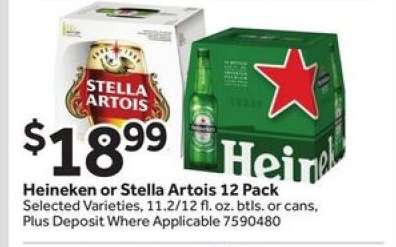 Heineken or Stella Artois 12 Pack