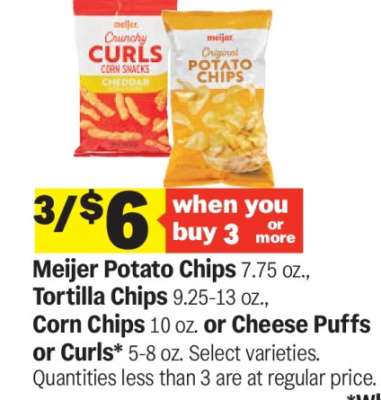Meijer Potato Chips, Tortilla Chips, Corn Chips, Cheese Puffs or Curls