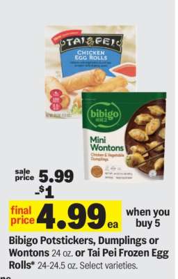 Bibigo Potstickers, Dumplings or Wontons or Tai Pei Frozen Egg Rolls