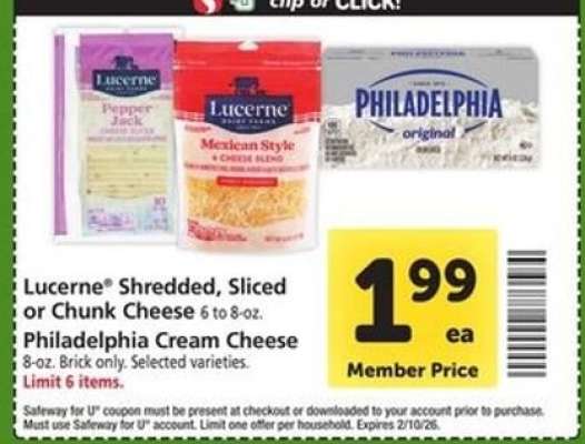 Lucerne Shredded, Sliced or Chunk Cheese / Philadelphia Cream Cheese