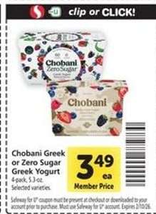 Chobani Greek or Zero Sugar Greek Yogurt