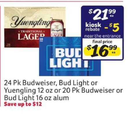 24 Pk Budweiser, Bud Light or Yuengling 12 oz or 20 Pk Budweiser or Bud Light 16 oz alum
