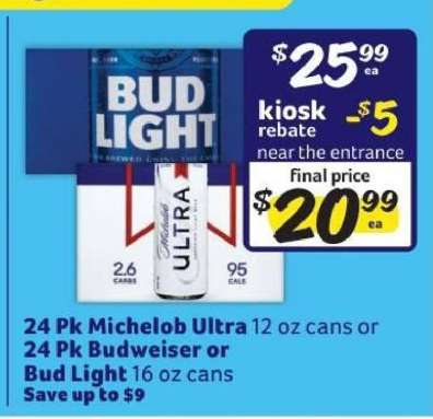 24 Pk Michelob Ultra or 24 Pk Budweiser or Bud Light