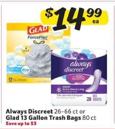 Always Discreet or Glad 13 Gallon Trash Bags