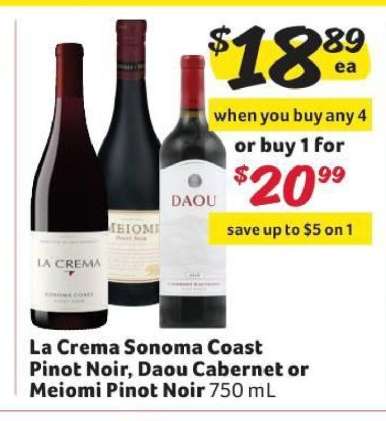 La Crema Sonoma Coast Pinot Noir, Daou Cabernet or Meiomi Pinot Noir