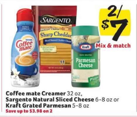 Coffee mate Creamer, Sargento Natural Sliced Cheese, Kraft Grated Parmesan