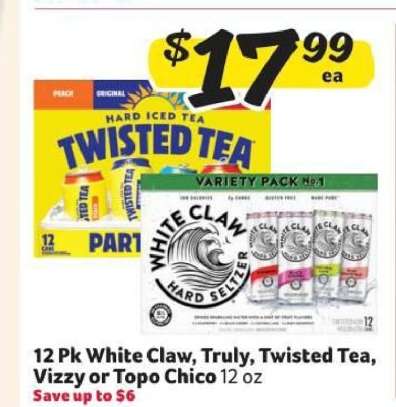 12 Pk White Claw, Truly, Twisted Tea, Vizzy or Topo Chico