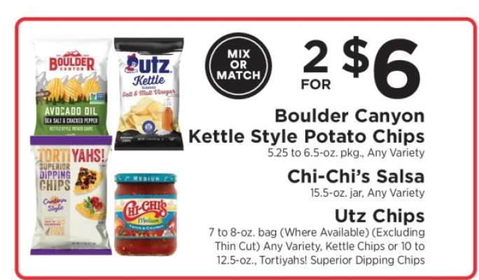 Boulder Canyon Kettle Style Potato Chips, Chi-Chi’s Salsa, Utz Chips