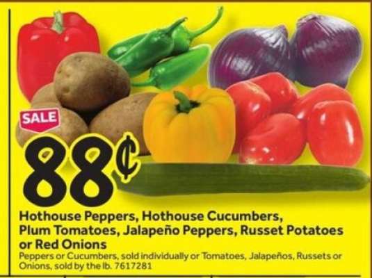 Hothouse Peppers, Hothouse Cucumbers, Plum Tomatoes, Jalapeño Peppers, Russet Potatoes or Red Onions