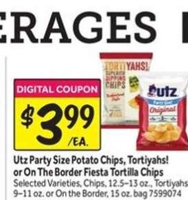 Utz Party Size Potato Chips, Tortiyahs! or On The Border Fiesta Tortilla Chips