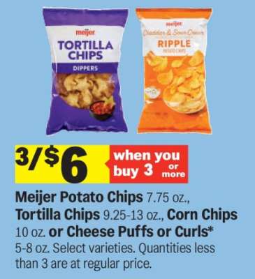 Meijer Potato Chips, Tortilla Chips, Corn Chips, Cheese Puffs or Curls