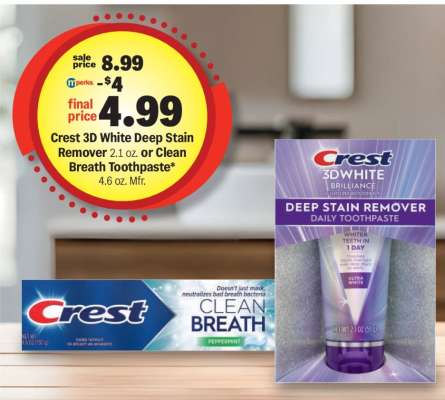 Crest 3D White Deep Stain Remover or Clean Breath Toothpaste