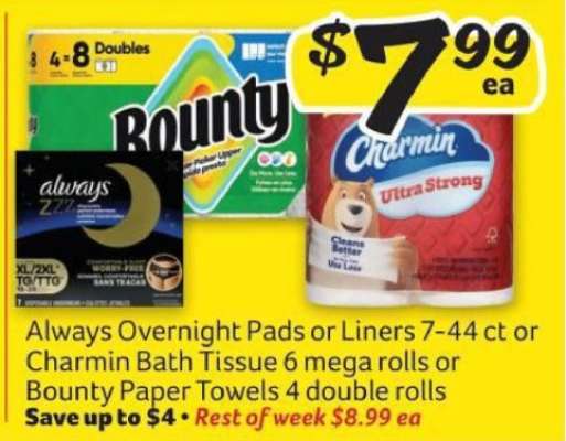 Always Overnight Pads or Liners, Charmin Bath Tissue, Bounty Paper Towels