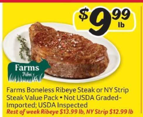 Farms Boneless Ribeye Steak or NY Strip Steak Value Pack