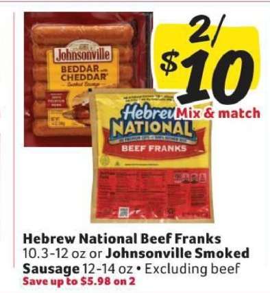 Hebrew National Beef Franks or Johnsonville Smoked Sausage
