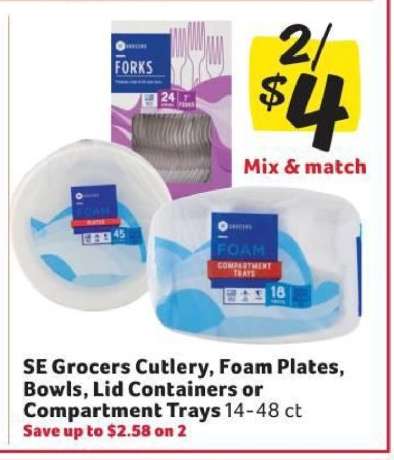 SE Grocers Cutlery, Foam Plates, Bowls, Lid Containers or Compartment Trays