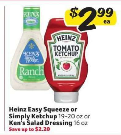 Heinz Easy Squeeze or Simply Ketchup or Ken's Salad Dressing