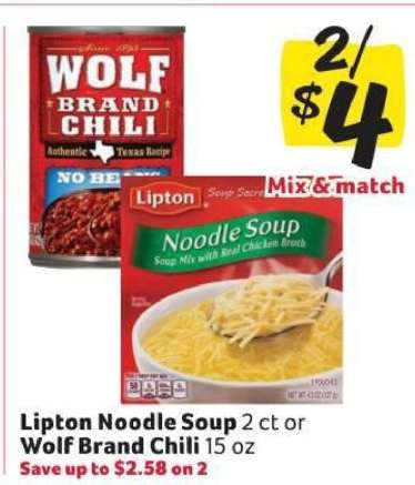 Lipton Noodle Soup or Wolf Brand Chili